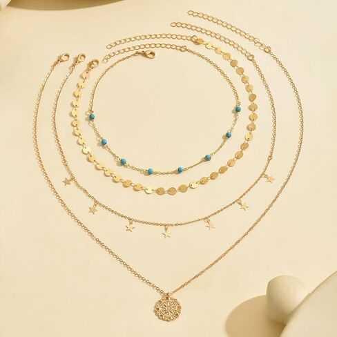 Boho Gold Layered Necklace for Women,Vintage Western Turquoise Choker Necklace,Simple Round Pendant Necklaces Set Beach Jewelry in Kuwait