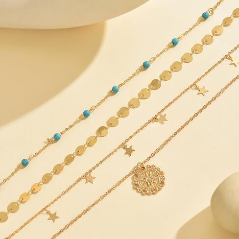 Boho Gold Layered Necklace for Women,Vintage Western Turquoise Choker Necklace,Simple Round Pendant Necklaces Set Beach Jewelry in Kuwait
