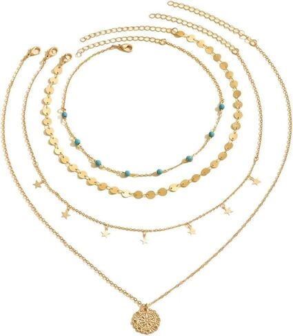 Boho Gold Layered Necklace for Women,Vintage Western Turquoise Choker Necklace,Simple Round Pendant Necklaces Set Beach Jewelry in Kuwait