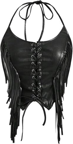 WDIRARA Women's Plus Size Pu Leather Halter Top Fringe Lace Up Cami Asymmetrical Sleeveless Crop Tops in Saudi Arabia