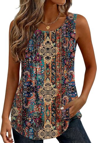 Zeagoo Womens Tank Tops 2026 Summer Loose Fit Crew Neck Boho Tunic Pleated Babydoll Sleeveless Shirts with Button Detail in Saudi Arabia