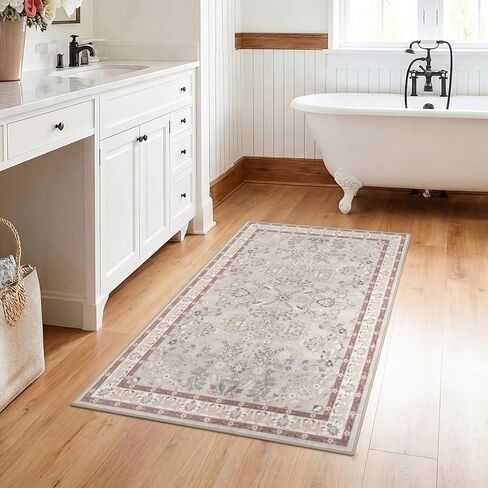 GRANNY SAYS Boho Bathroom Rugs 26"x 18" Non-Slip, Quick Dry & Washable, Vintage Bath Rug, Distressed Farmhouse Plush Velvet Bath Mat, Absorbent for Shower Toilet Sink, Pet Friendly - Flower Beige in Kuwait