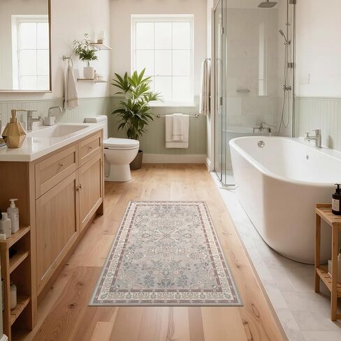 GRANNY SAYS Boho Bathroom Rugs 26"x 18" Non-Slip, Quick Dry & Washable, Vintage Bath Rug, Distressed Farmhouse Plush Velvet Bath Mat, Absorbent for Shower Toilet Sink, Pet Friendly - Flower Beige in Kuwait