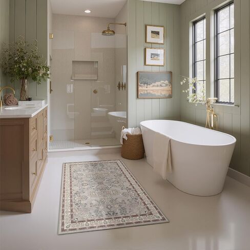 GRANNY SAYS Boho Bathroom Rugs 26"x 18" Non-Slip, Quick Dry & Washable, Vintage Bath Rug, Distressed Farmhouse Plush Velvet Bath Mat, Absorbent for Shower Toilet Sink, Pet Friendly - Flower Beige in Kuwait