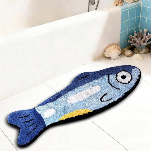 Fish Rug - Cute Fish Bath Mat Blue Bathroom Rugs Animal Pattern Fun Carpet, Non-Slip Plush Absorbent Bath Mats, Cool Carpet for Bedroom Living Room Shower Sink Bathtub Room Decor, 16"x 47" in Saudi Arabia