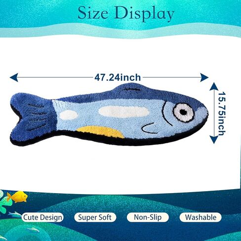 Fish Rug - Cute Fish Bath Mat Blue Bathroom Rugs Animal Pattern Fun Carpet, Non-Slip Plush Absorbent Bath Mats, Cool Carpet for Bedroom Living Room Shower Sink Bathtub Room Decor, 16"x 47" in Saudi Arabia