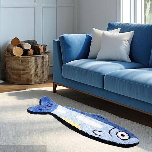 Fish Rug - Cute Fish Bath Mat Blue Bathroom Rugs Animal Pattern Fun Carpet, Non-Slip Plush Absorbent Bath Mats, Cool Carpet for Bedroom Living Room Shower Sink Bathtub Room Decor, 16"x 47" in Saudi Arabia