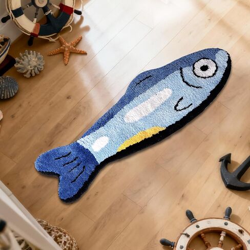 Fish Rug - Cute Fish Bath Mat Blue Bathroom Rugs Animal Pattern Fun Carpet, Non-Slip Plush Absorbent Bath Mats, Cool Carpet for Bedroom Living Room Shower Sink Bathtub Room Decor, 16"x 47" in Saudi Arabia