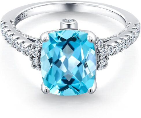 Gem Stone King 4.00 Cttw Swiss Blue Topaz and White Created Sapphire Engagement Ring For Women | 925 Sterling Silver | 10X8MM Cushion Cut | Wedding Anniversary Promise Ring For Women in Saudi Arabia