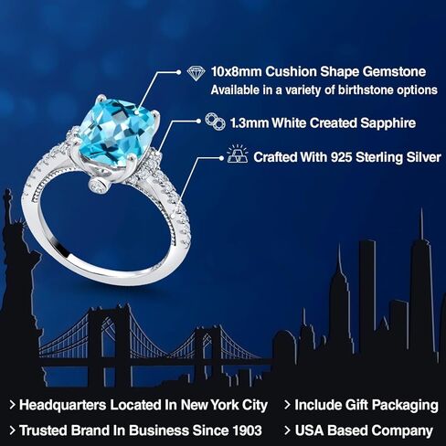 Gem Stone King 4.00 Cttw Swiss Blue Topaz and White Created Sapphire Engagement Ring For Women | 925 Sterling Silver | 10X8MM Cushion Cut | Wedding Anniversary Promise Ring For Women in Saudi Arabia
