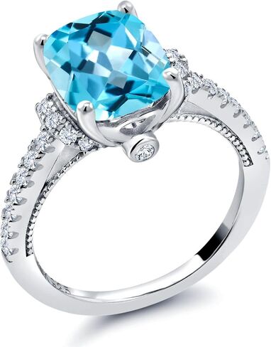 Gem Stone King 4.00 Cttw Swiss Blue Topaz and White Created Sapphire Engagement Ring For Women | 925 Sterling Silver | 10X8MM Cushion Cut | Wedding Anniversary Promise Ring For Women in Saudi Arabia