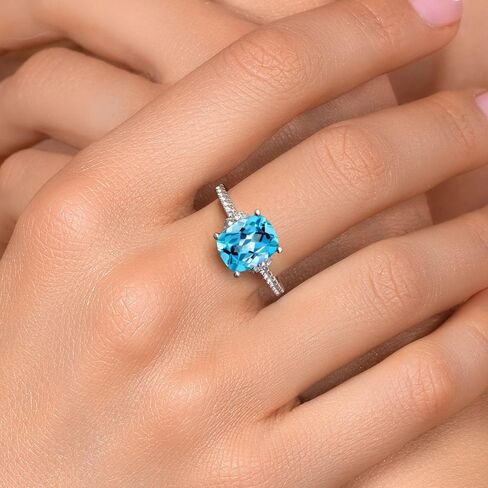 Gem Stone King 4.00 Cttw Swiss Blue Topaz and White Created Sapphire Engagement Ring For Women | 925 Sterling Silver | 10X8MM Cushion Cut | Wedding Anniversary Promise Ring For Women in Saudi Arabia