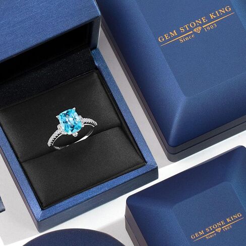 Gem Stone King 4.00 Cttw Swiss Blue Topaz and White Created Sapphire Engagement Ring For Women | 925 Sterling Silver | 10X8MM Cushion Cut | Wedding Anniversary Promise Ring For Women in Saudi Arabia