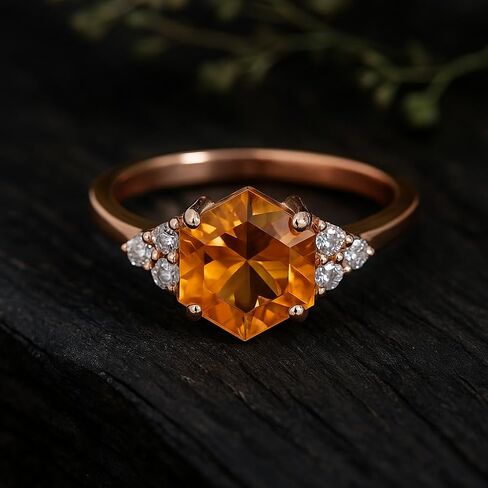 Hexagon Shape Citrine Art Deco Diamond Cluster Ring 18k Solid Gold Prong setting Bridal Wedding Ring Engagement Women Promise Jewelry Gift For Wife in Saudi Arabia