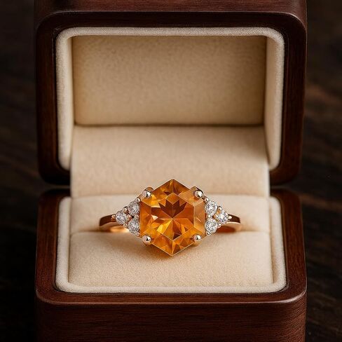 Hexagon Shape Citrine Art Deco Diamond Cluster Ring 18k Solid Gold Prong setting Bridal Wedding Ring Engagement Women Promise Jewelry Gift For Wife in Saudi Arabia