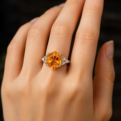 Hexagon Shape Citrine Art Deco Diamond Cluster Ring 18k Solid Gold Prong setting Bridal Wedding Ring Engagement Women Promise Jewelry Gift For Wife in Saudi Arabia