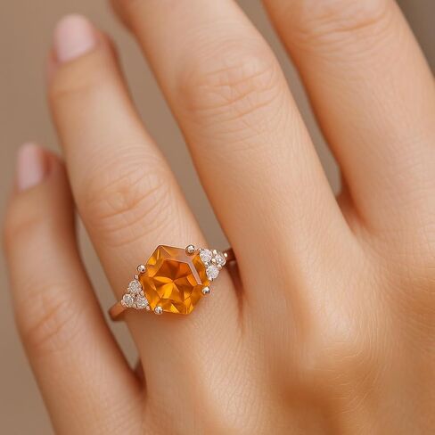 Hexagon Shape Citrine Art Deco Diamond Cluster Ring 18k Solid Gold Prong setting Bridal Wedding Ring Engagement Women Promise Jewelry Gift For Wife in Saudi Arabia