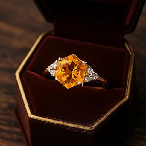 Hexagon Shape Citrine Art Deco Diamond Cluster Ring 18k Solid Gold Prong setting Bridal Wedding Ring Engagement Women Promise Jewelry Gift For Wife in Saudi Arabia