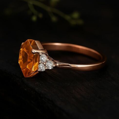 Hexagon Shape Citrine Art Deco Diamond Cluster Ring 18k Solid Gold Prong setting Bridal Wedding Ring Engagement Women Promise Jewelry Gift For Wife in Saudi Arabia