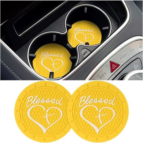 2PCS Car Cup Holder Coaster, 2.76 Inch Silicone Cute Blessed Cross ＆ Heart Vehicle Insert Drink Mat, Non-Slip Shockproof Automotive Interior Decor Accessories, Universal Fit (Black) in Saudi Arabia