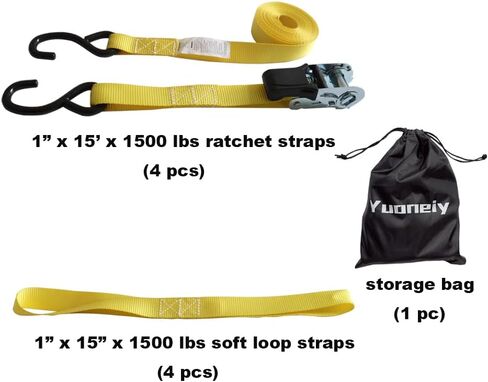 أشرطة ربط السقاطة (4 عبوات) - 1 بوصة × 15 قدم (قوة كسر 1500 رطل) للحركة، المقطورة، أشرطة ربط الدراجات النارية، حلقات ناعمة in Kuwait