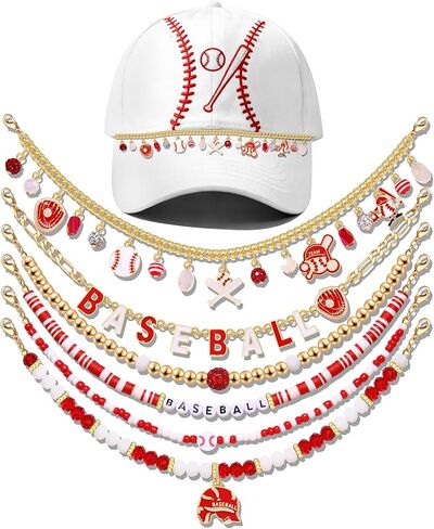 YAHPERN 6Pcs Baseball Trucker Hat Chains for Women Men Clay Beaded Baseball Charm Bill Decoration Detachable DIY Chains Hat Jewelry Accessories (Style D) in Saudi Arabia