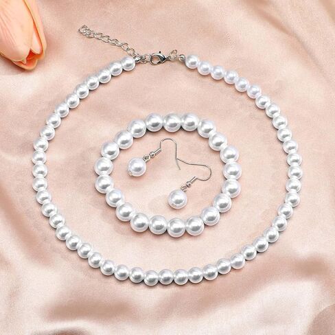 4 Sets Pearl Necklace Bracelets Earrings Set for Women, Classic 8mm Faux Pearl Jewelry Set Bulk, Pearls Costume Jewelry for Wedding Valentine's Day Mother's Day Gifts Bridal Shower Tea Party in Saudi Arabia