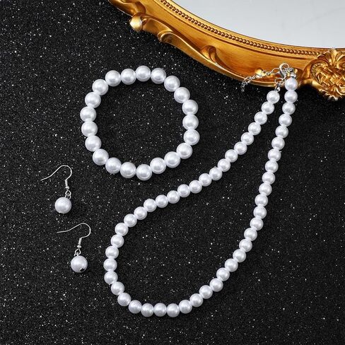 4 Sets Pearl Necklace Bracelets Earrings Set for Women, Classic 8mm Faux Pearl Jewelry Set Bulk, Pearls Costume Jewelry for Wedding Valentine's Day Mother's Day Gifts Bridal Shower Tea Party in Saudi Arabia