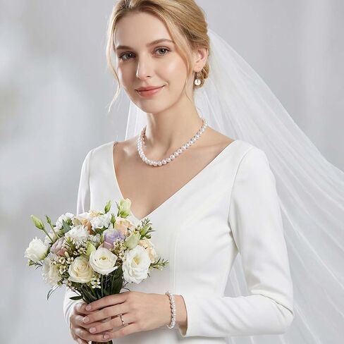 4 Sets Pearl Necklace Bracelets Earrings Set for Women, Classic 8mm Faux Pearl Jewelry Set Bulk, Pearls Costume Jewelry for Wedding Valentine's Day Mother's Day Gifts Bridal Shower Tea Party in Saudi Arabia