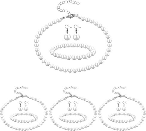4 Sets Pearl Necklace Bracelets Earrings Set for Women, Classic 8mm Faux Pearl Jewelry Set Bulk, Pearls Costume Jewelry for Wedding Valentine's Day Mother's Day Gifts Bridal Shower Tea Party in Saudi Arabia
