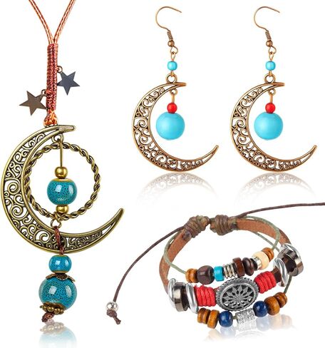Tondiamo 3 Pcs Bohemian Western Jewelry Set for Women, Turquoise Crescent Moon Necklace Layered Leather Bracelet & Dangle Earrings, Vintage Boho Cowgirl Accessories for Birthday Concert Gifts in Saudi Arabia
