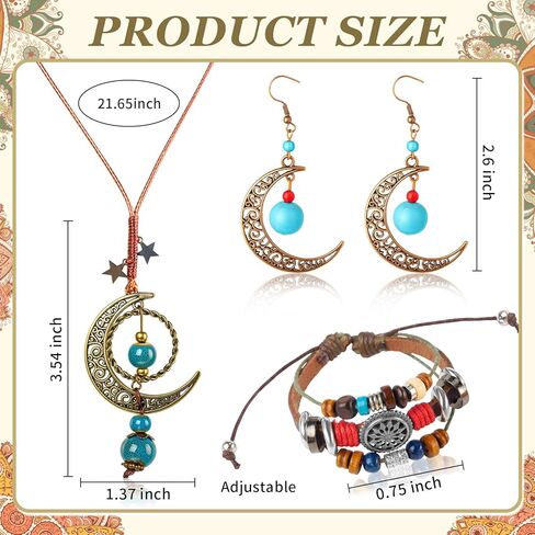 Tondiamo 3 Pcs Bohemian Western Jewelry Set for Women, Turquoise Crescent Moon Necklace Layered Leather Bracelet & Dangle Earrings, Vintage Boho Cowgirl Accessories for Birthday Concert Gifts in Saudi Arabia