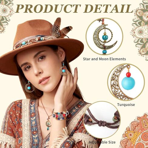 Tondiamo 3 Pcs Bohemian Western Jewelry Set for Women, Turquoise Crescent Moon Necklace Layered Leather Bracelet & Dangle Earrings, Vintage Boho Cowgirl Accessories for Birthday Concert Gifts in Saudi Arabia