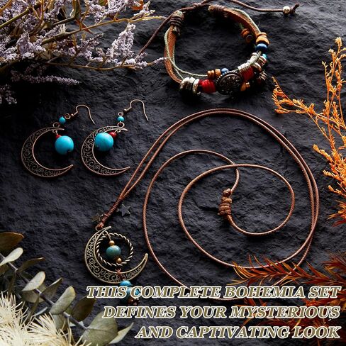 Tondiamo 3 Pcs Bohemian Western Jewelry Set for Women, Turquoise Crescent Moon Necklace Layered Leather Bracelet & Dangle Earrings, Vintage Boho Cowgirl Accessories for Birthday Concert Gifts in Saudi Arabia