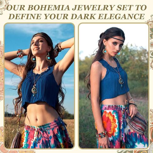 Tondiamo 3 Pcs Bohemian Western Jewelry Set for Women, Turquoise Crescent Moon Necklace Layered Leather Bracelet & Dangle Earrings, Vintage Boho Cowgirl Accessories for Birthday Concert Gifts in Saudi Arabia