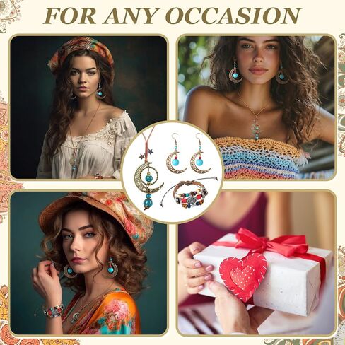 Tondiamo 3 Pcs Bohemian Western Jewelry Set for Women, Turquoise Crescent Moon Necklace Layered Leather Bracelet & Dangle Earrings, Vintage Boho Cowgirl Accessories for Birthday Concert Gifts in Saudi Arabia
