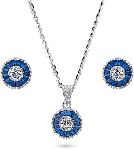 BERRICLE Sterling Silver Halo Round Cut Cubic Zirconia CZ Vintage Inspired Art Deco Fashion Necklace and Earrings Set for Women, Rhodium Plated in Saudi Arabia