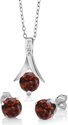 Gem Stone King 2.25 Cttw Red Garnet Earring and Pendant Jewelry Set For Women | 925 Sterling Silver | Gemstone Birthstone | 6MM Each Garnet | With 18 Inch Silver Chain in Saudi Arabia