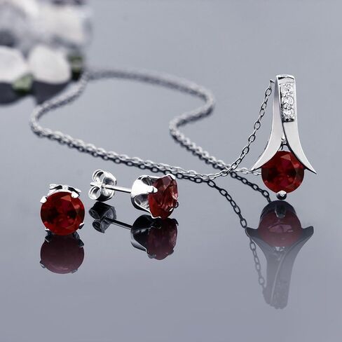 Gem Stone King 2.25 Cttw Red Garnet Earring and Pendant Jewelry Set For Women | 925 Sterling Silver | Gemstone Birthstone | 6MM Each Garnet | With 18 Inch Silver Chain in Saudi Arabia