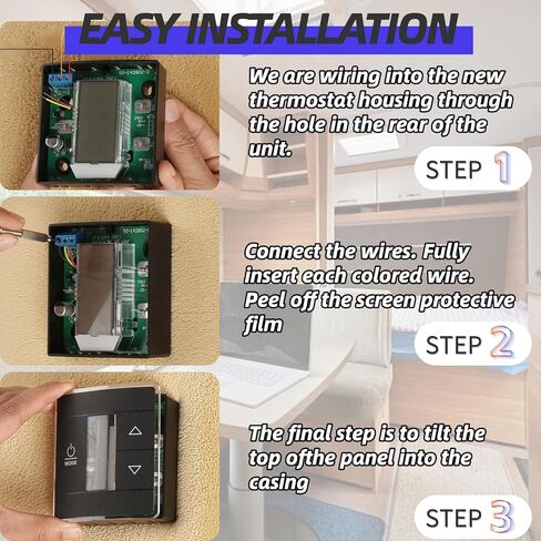 3316250.712 استبدال جدار ترموستات RV، 3 أسلاك للتحكم في الحرارة/البرودة في منطقة واحدة وإضاءة خلفية زرقاء وشاشة LCD رقمية لدرجة الحرارة للمركبات الترفيهية والمعسكرات والمقطورات باللون الأسود in Kuwait