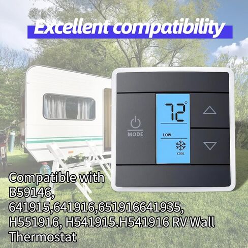 3316250.712 استبدال جدار ترموستات RV، 3 أسلاك للتحكم في الحرارة/البرودة في منطقة واحدة وإضاءة خلفية زرقاء وشاشة LCD رقمية لدرجة الحرارة للمركبات الترفيهية والمعسكرات والمقطورات باللون الأسود in Kuwait
