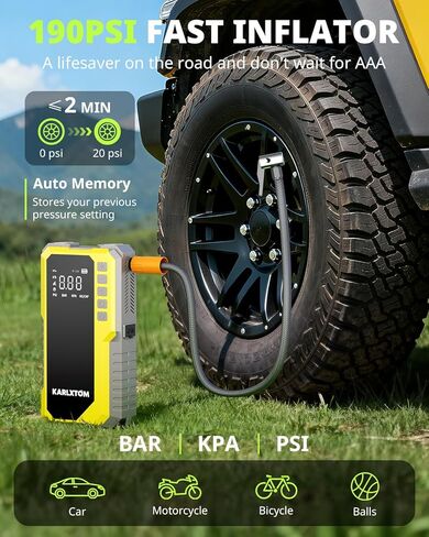 Karlxtom Car Battery Jump Starter with Air Compressor, 4500A Portable Car Jump Starter (All Gas /12L Diesel) with 190PSI Auto-Shutoff Tire Inflator, [2026 NEW Model] 12V Jump Box with LCD Display in Saudi Arabia