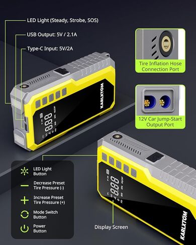 Karlxtom Car Battery Jump Starter with Air Compressor, 4500A Portable Car Jump Starter (All Gas /12L Diesel) with 190PSI Auto-Shutoff Tire Inflator, [2026 NEW Model] 12V Jump Box with LCD Display in Saudi Arabia