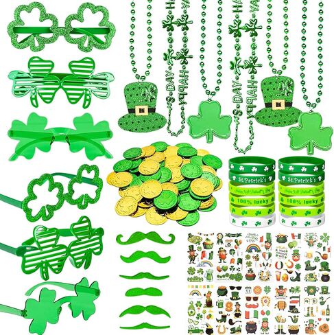 160Pcs St. Patrick's Day Party Favor Set, St Patricks Day Decorations with Shamrock Glasses, Necklaces, Bracelets, Tattoo Stickers, Mustaches, Lucky Coins for Irish Accessories Party Supplies in Saudi Arabia