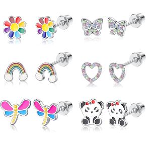 FUNRUN JEWELRY 6 أزواج من الأقراط المسمارية المضادة للحساسية للنساء 316L من الفولاذ المقاوم للصدأ على شكل قلب قوس قزح وزهرة فراشة متعددة الألوان على أقراط مسمارية in Kuwait
