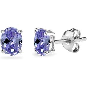 Sterling Silver Simulated Tanzanite Oval Solitaire Dainty Stud Earrings, Choose a Size