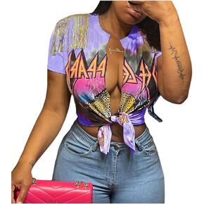 Fuiuwhs Women Graphic Tees Cut Up Tassel Shirts Fringe Open Front Crop Top Short Sleeve T-Shirt