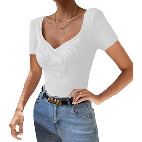 Women's Short Sleeve V Neck Ribbed Knit T-Shirts Summer Casual Solid Color Slim Fit Basic Tee Tops Fashion 2024