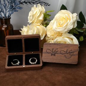 Double Ring Box for Wedding Ceremony, Mr Mrs Ring Holder for Engagement, Valnut Wooden Ring Bearer Jewelry Box, Gift Box for Newlywed