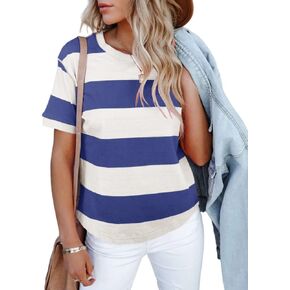 Sovelen Women's Summer Casual Striped Color Block Tops Short Sleeve Round Neck Summer Tee T-Shirts